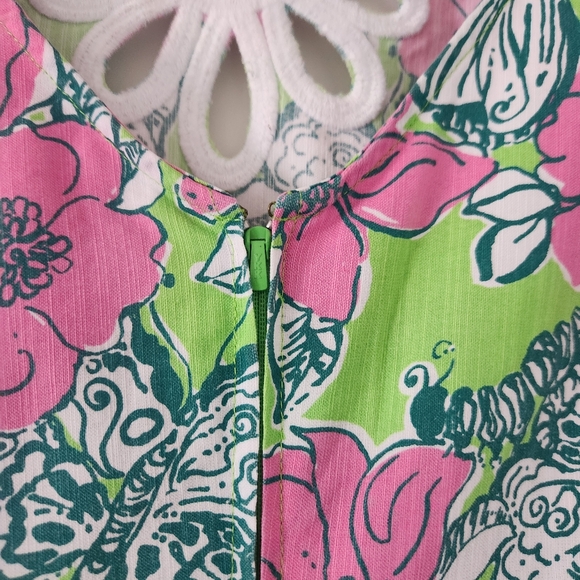Lilly Pulitzer Retro Butterfly Shift Dress Pink + Green Lace Trim Sleeveless 8 - Picture 9 of 15